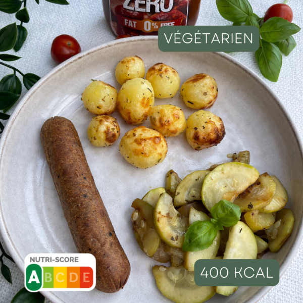 SAUCISSE VÉGÉTARIENNE, PDT ET COURGETTES